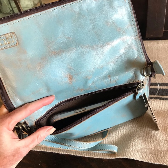 NWT Bed Stu TEMPLETON II Crossbody Wallet Wristlet Baby Blue Oats Rustic $185 - Picture 13 of 16